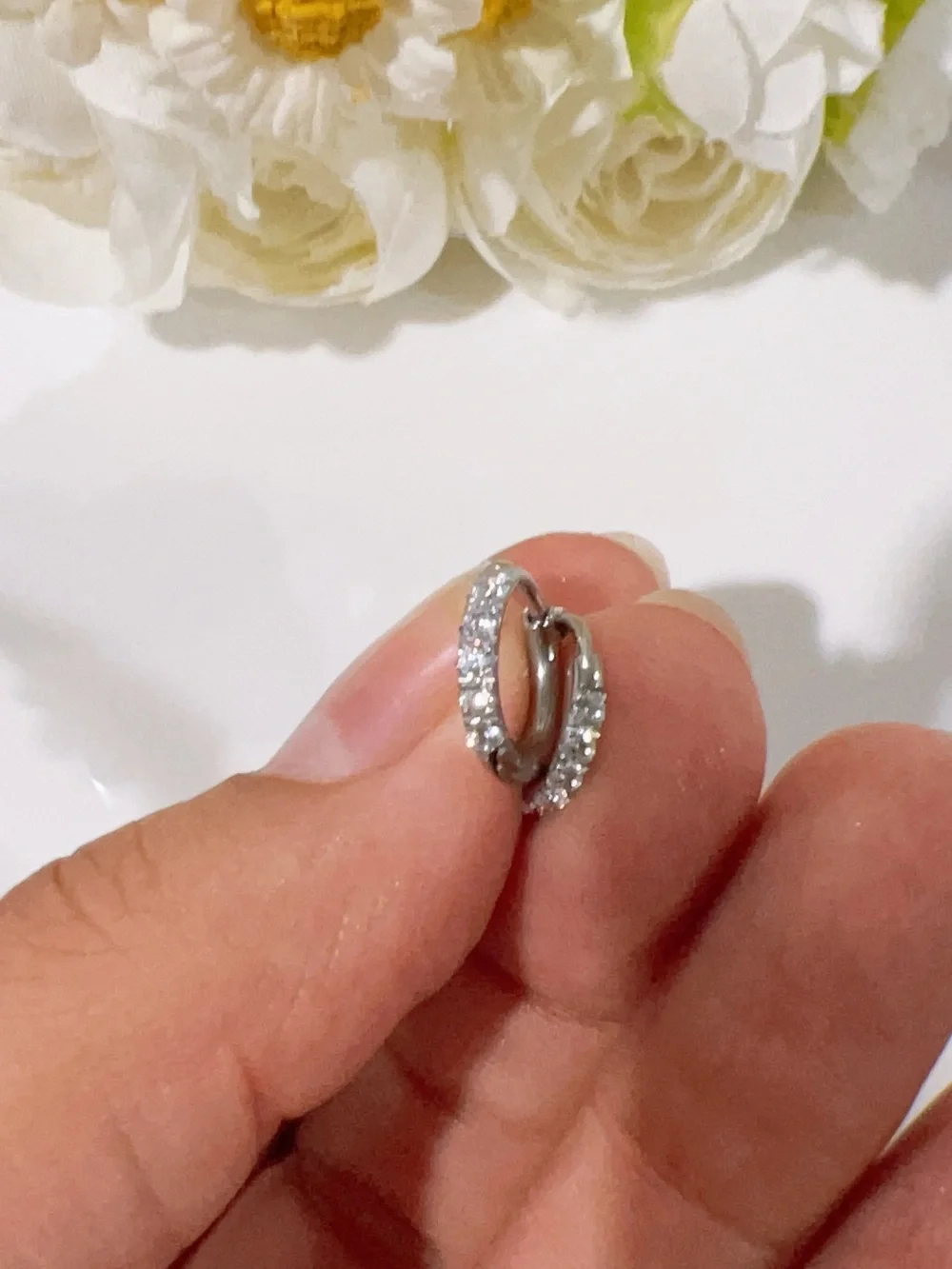 White Gold Plated Huggie Hoop Earrings with CZ stones